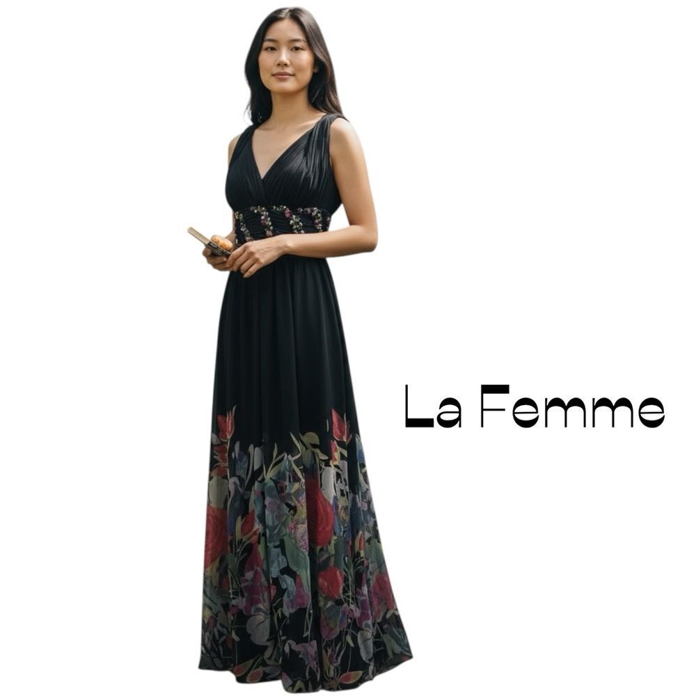 La Femme Black Sleeveless Beaded Maxi Dress NWOT Size 8